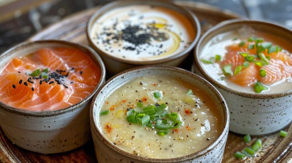 Different types of salmon soup served in bowls.