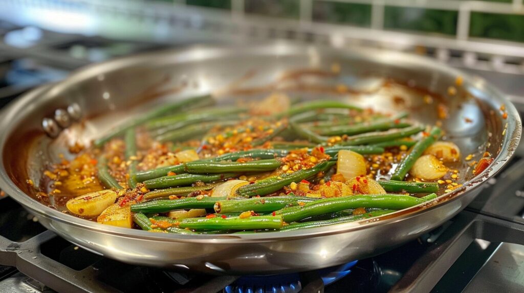 Green beans sautéed with garlic and shallots in a pan.