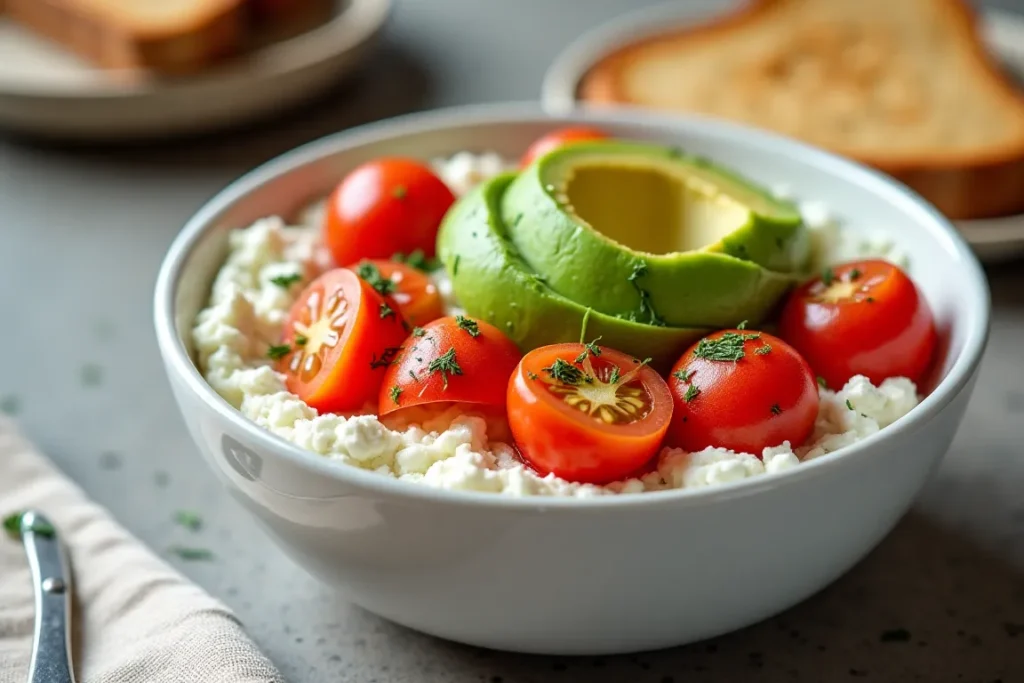 Cottage cheese paired with cherry tomatoes and avocado slices