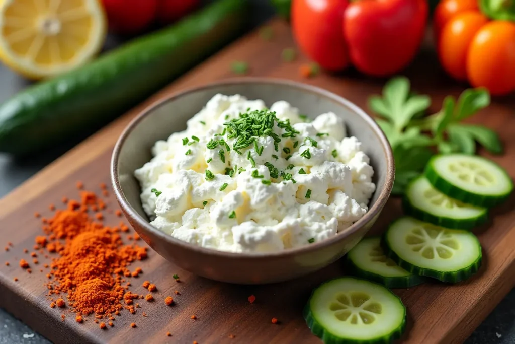 Cottage cheese served with herbs and vegetables