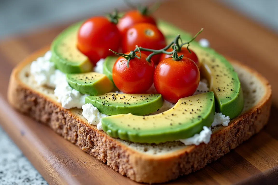 Cottage cheese on whole-grain toast topped with avocado slices and cherry tomatoes.