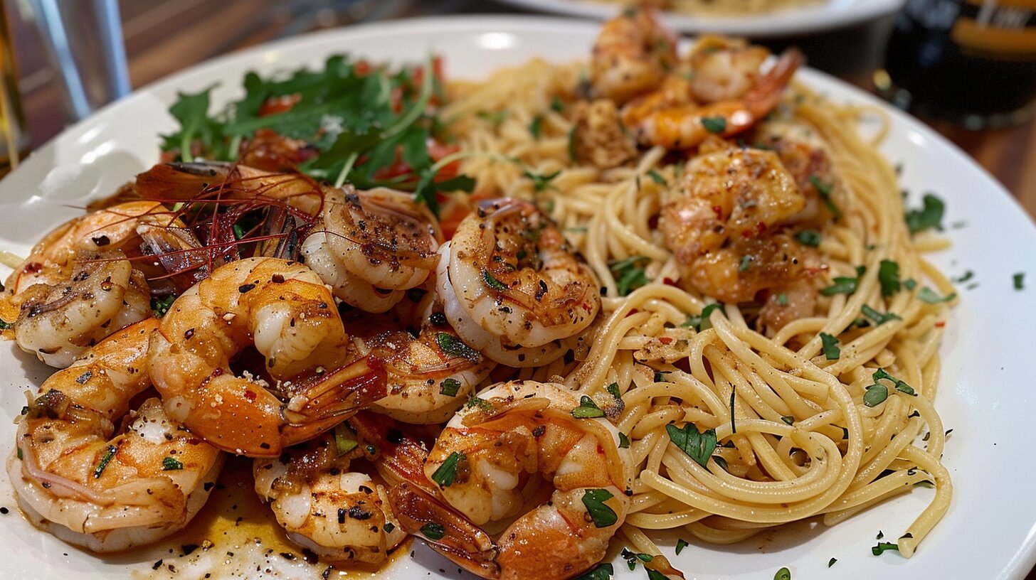 A close-up of a plate featuring shrimp scampi and scampi dishes side by side.