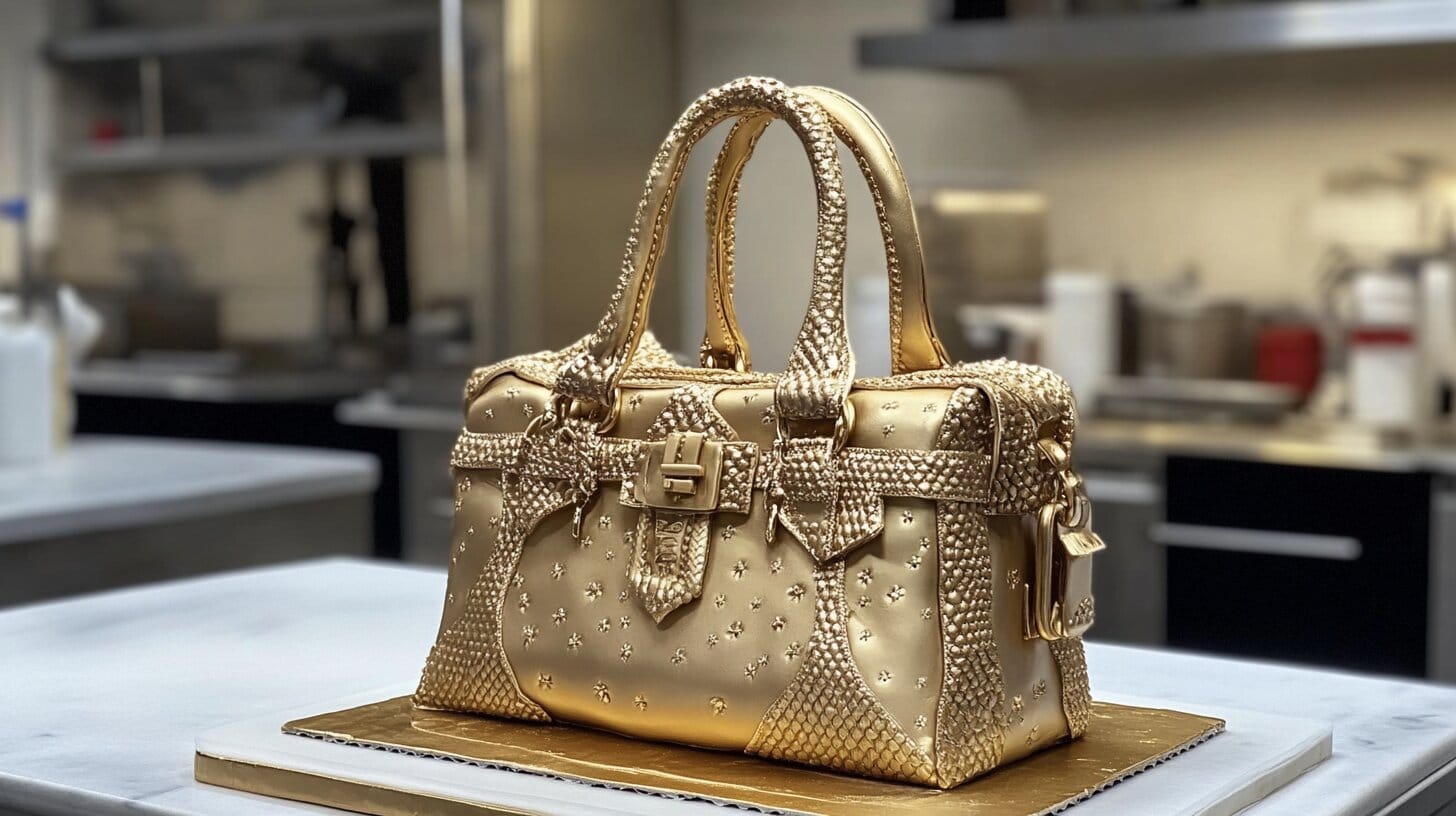 A hyper-realistic handbag cake with fondant and edible gold.