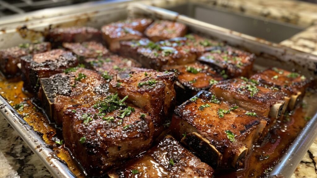 Seared boneless short ribs in a pan.