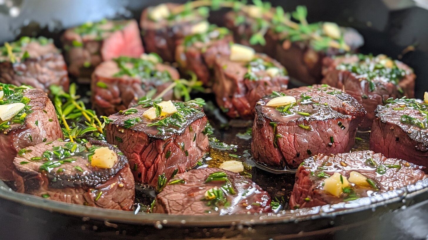 Beef tenderloin tips searing in a cast-iron skillet with herbs and garlic