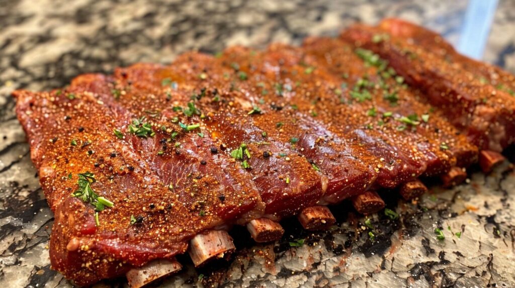 Raw beef ribs seasoned with spices and herbs.