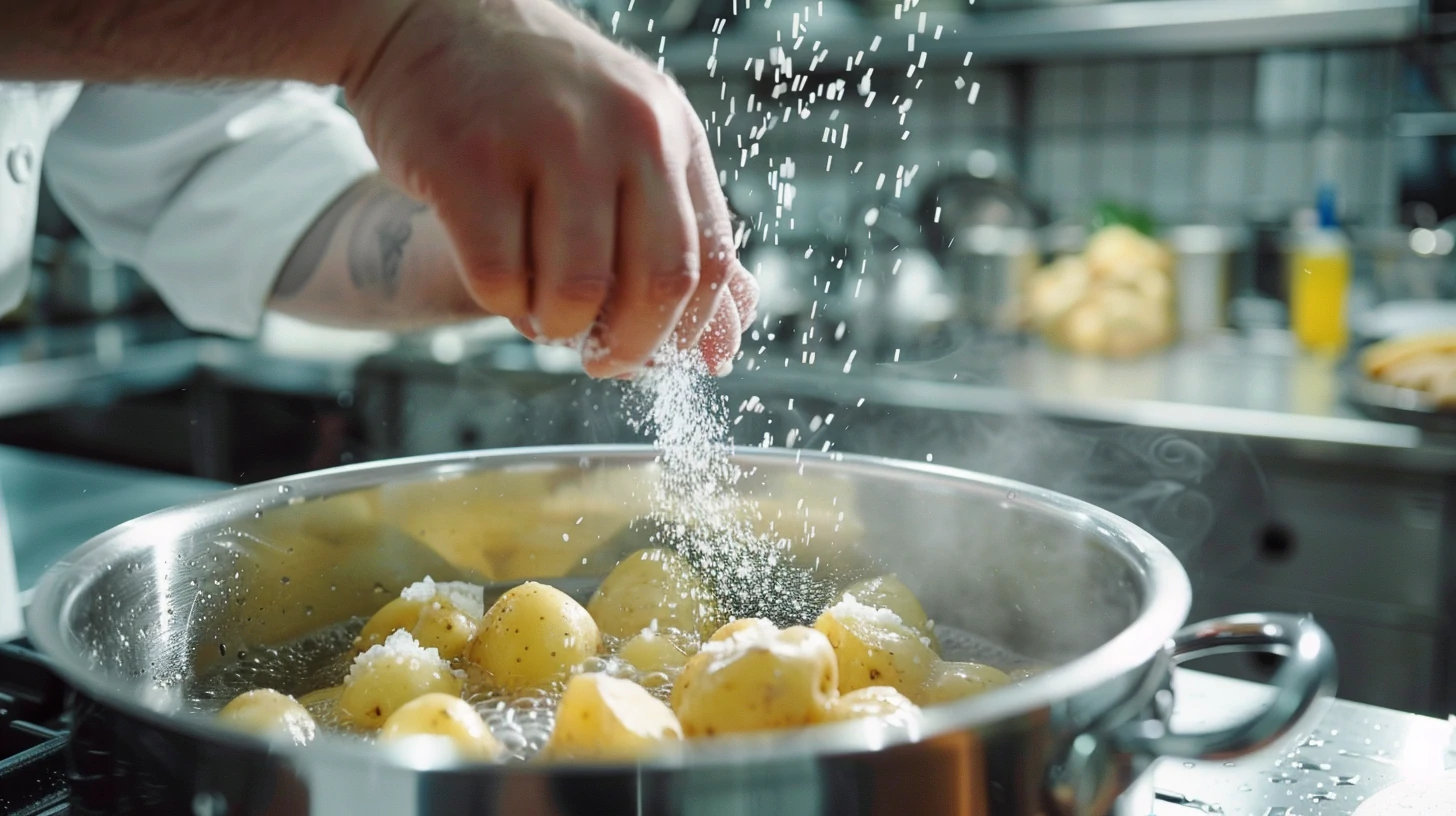 Chef seasoning boiling water for potatoes.