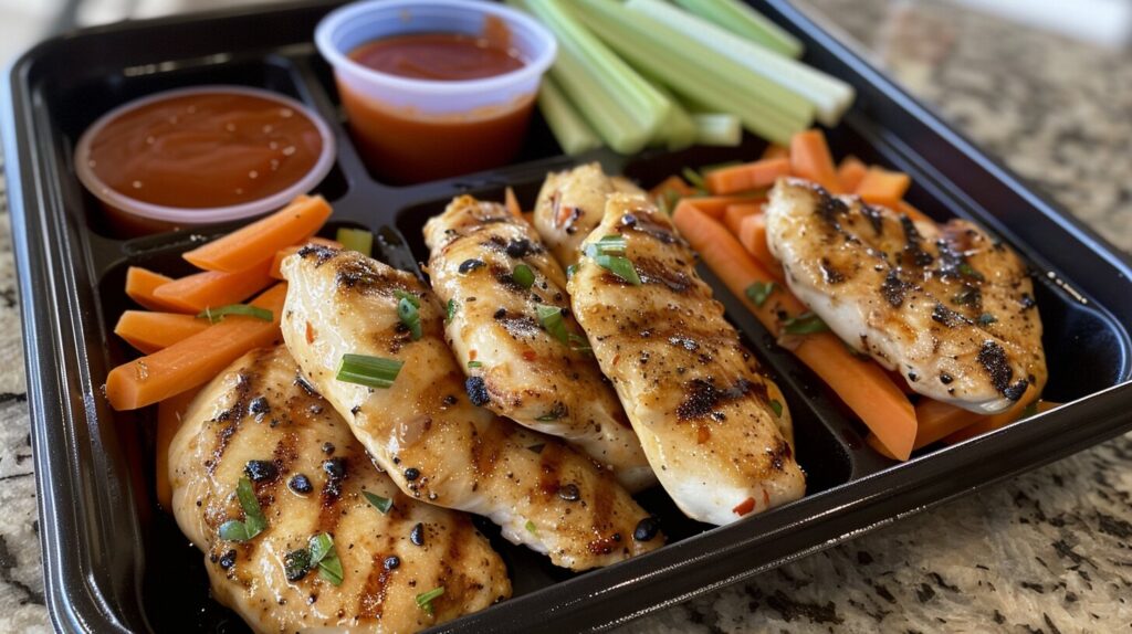 Plate of grilled chicken nuggets with dipping sauce.