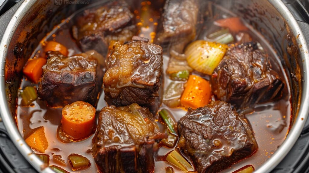 Boneless short ribs braising in a pot with vegetables.