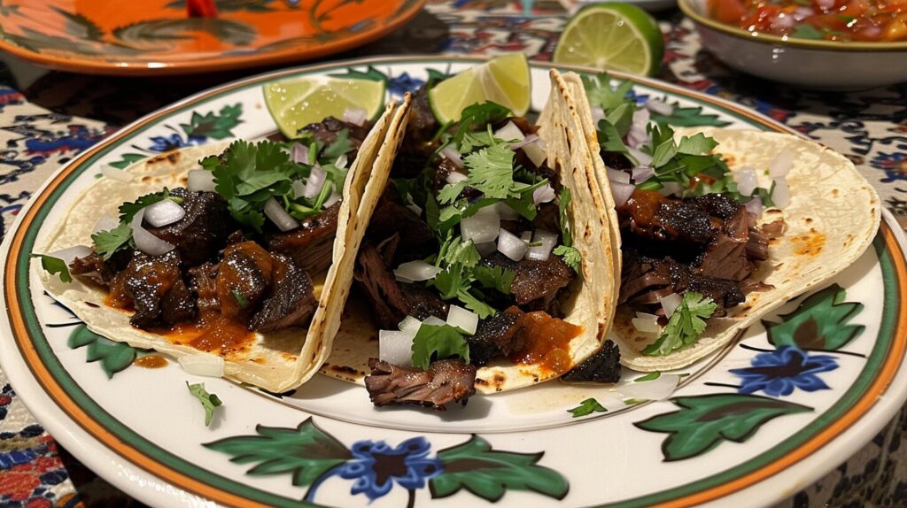 Shredded beef short ribs mixed with barbecue sauce for tacos.