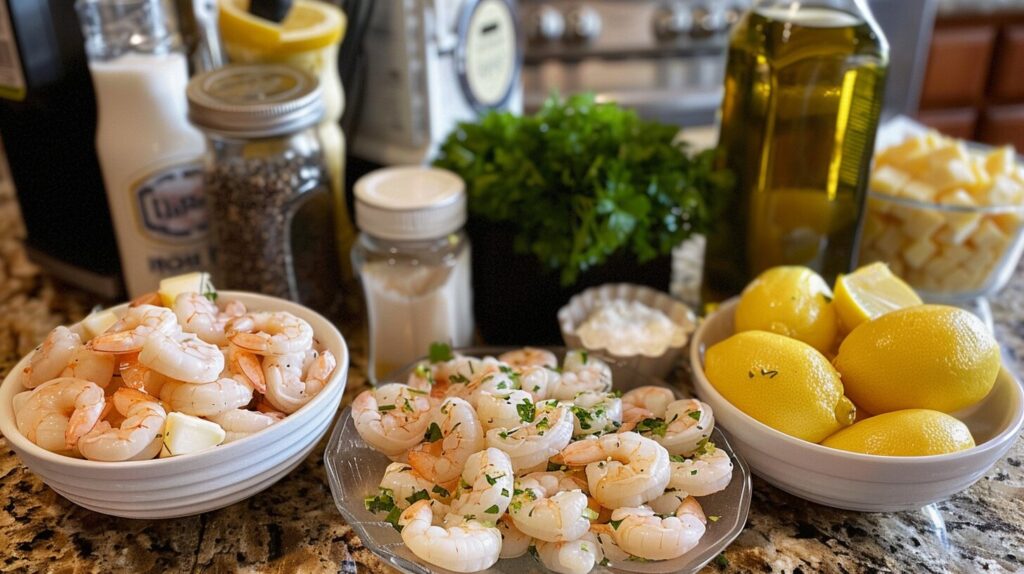 Shrimp scampi ingredients arranged on a kitchen countertop