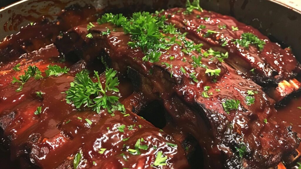 Country-style beef ribs being slow-cooked in a pot.