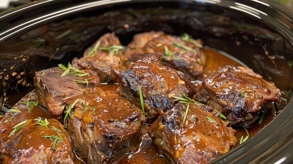 Boneless short ribs in a slow cooker.