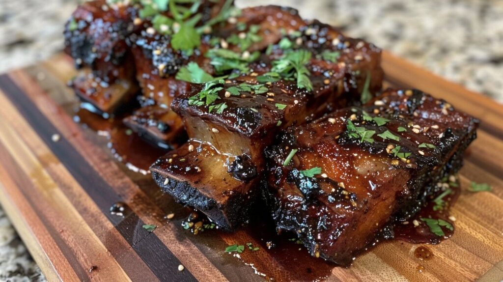 Smoked short ribs with a crispy bark served on a wooden platter.