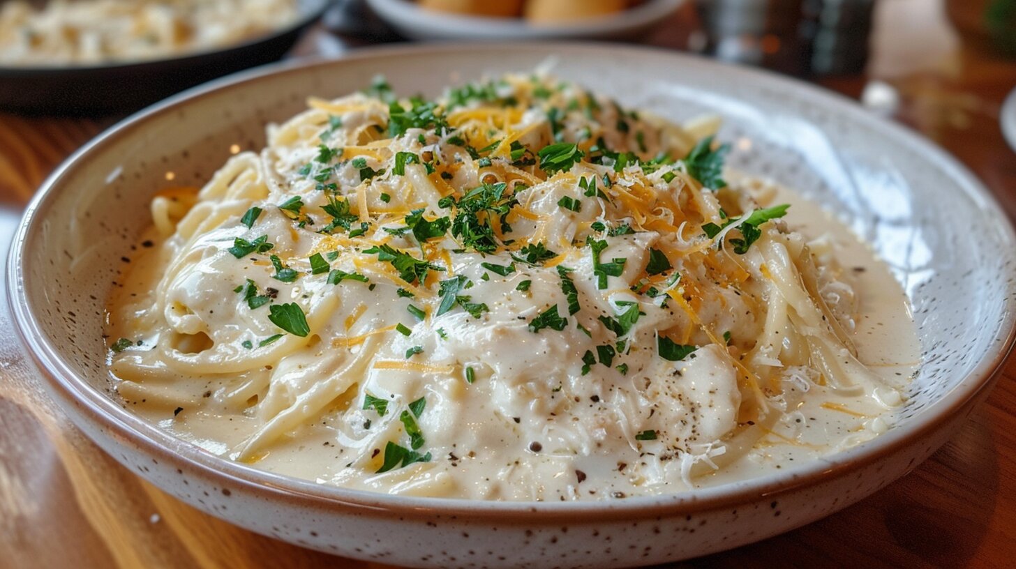 A plate of spaghetti Alfredo garnished with parsley.