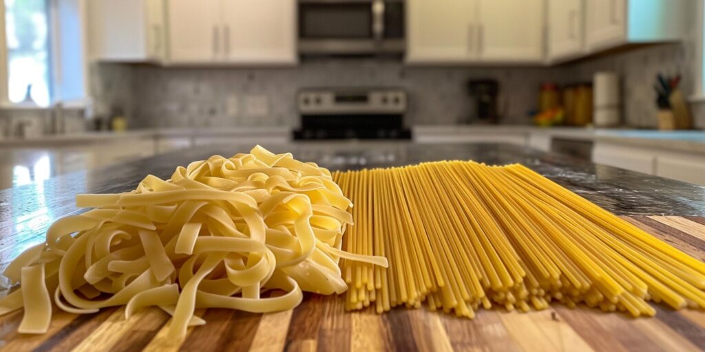 A side-by-side comparison of spaghetti and fettuccine.