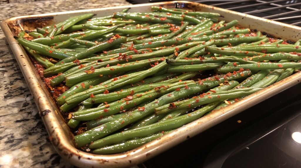 Roasted green beans sprinkled with red pepper flakes and smoked paprika.