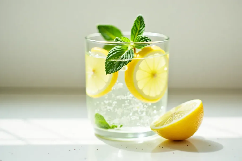 Glass of water with lemon and mint on a kitchen counter