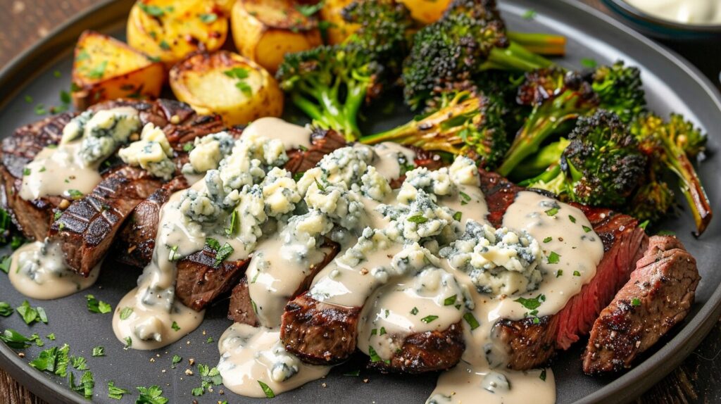 Blue cheese sauce drizzled over steak and vegetables.