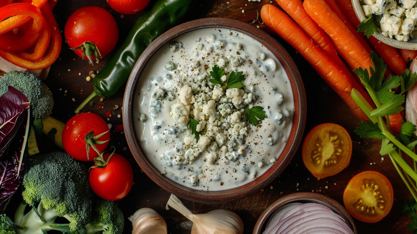 A creamy bowl of homemade blue cheese dressing surrounded by fresh vegetables and crumbled blue cheese.