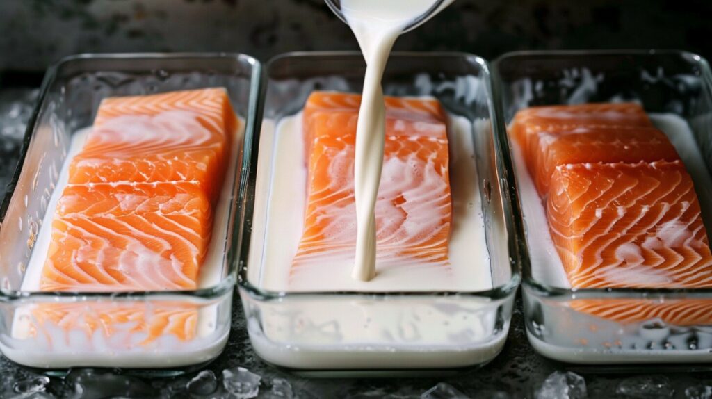 Step-by-step process of soaking salmon in milk.