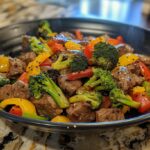 Beef tenderloin tips stir-fried with colorful vegetables.