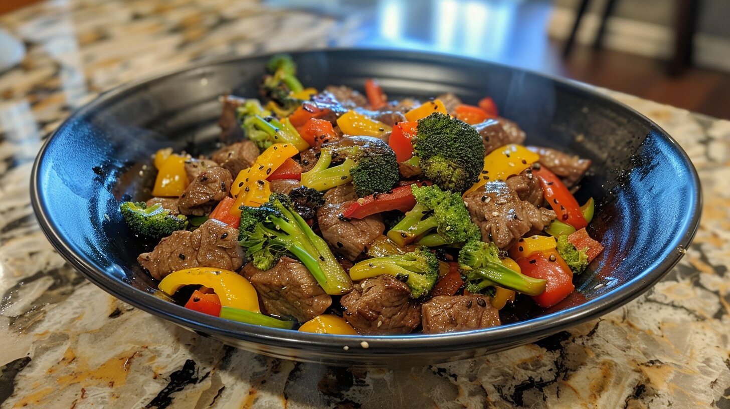 Beef tenderloin tips stir-fried with colorful vegetables.