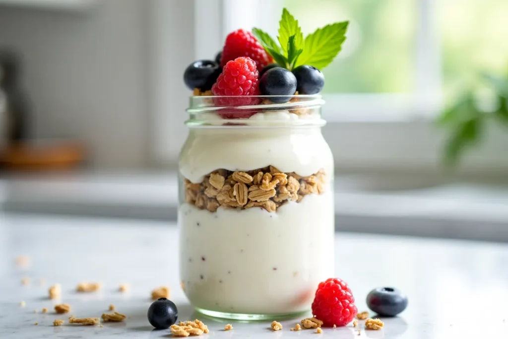 Cottage cheese parfait with berries and granola