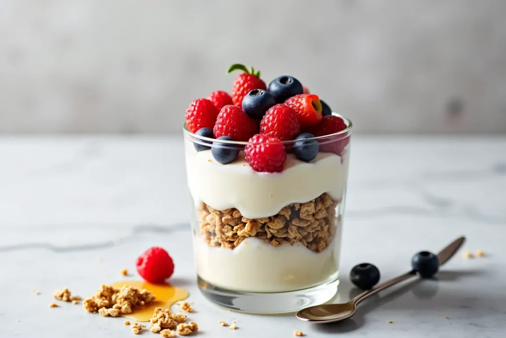 Cottage cheese parfait layered with berries, granola, and honey.