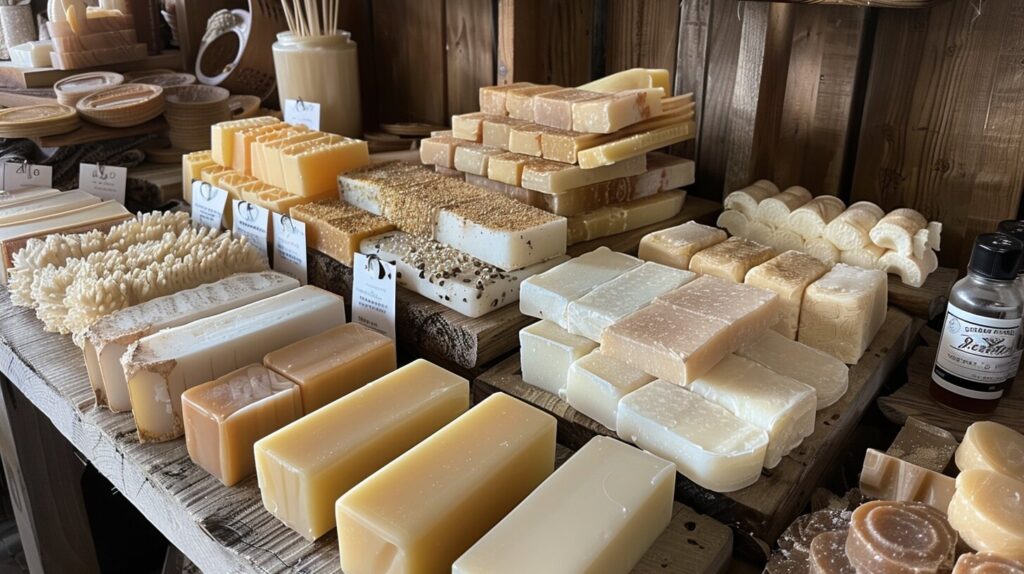 Handmade candles and soap bars made from beef tallow.