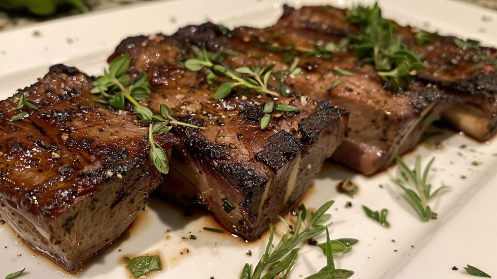 Plate of tender boneless short ribs with garnish.