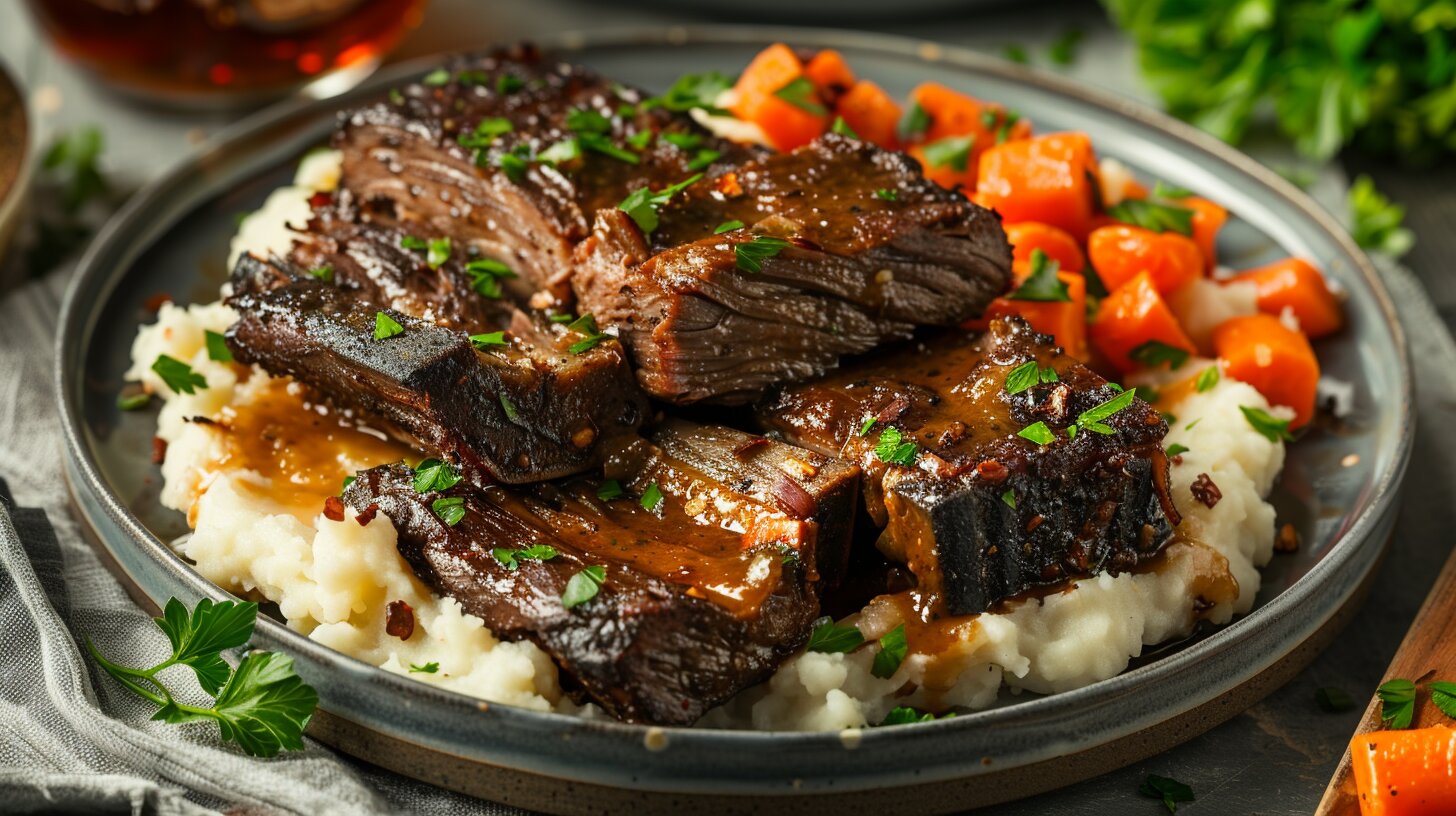 Boneless short ribs served with mashed potatoes and vegetables