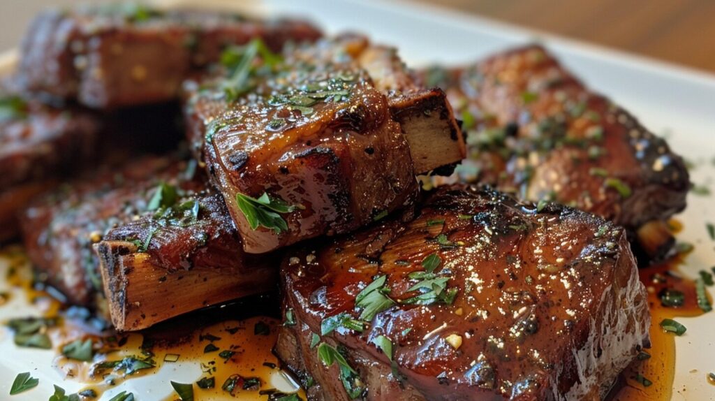 A close-up of tender ribs with caramelized edges, glistening with sauce and garnished with fresh herbs.