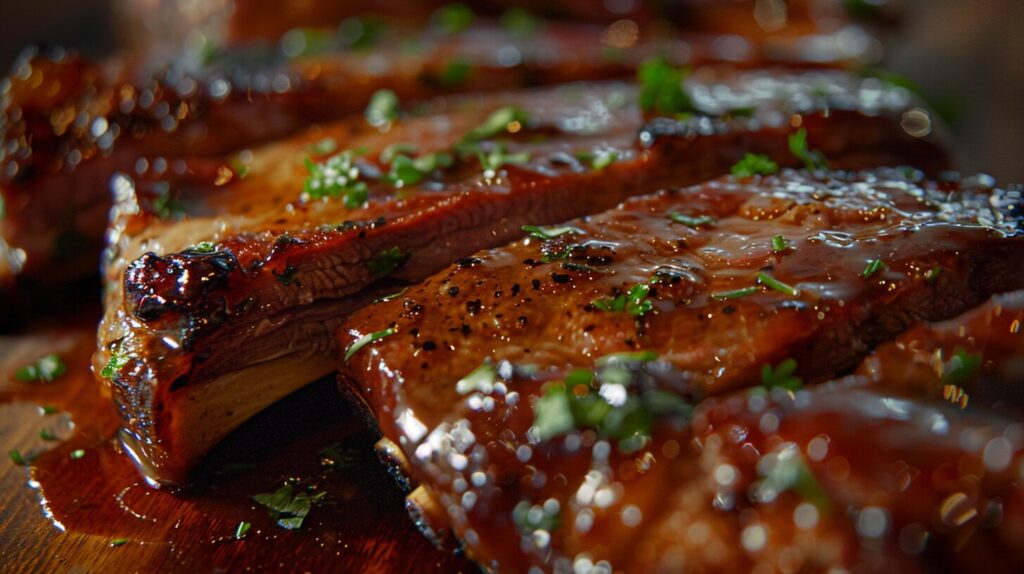 A close-up of tender ribs with caramelized edges, glistening with sauce and garnished with fresh herbs.