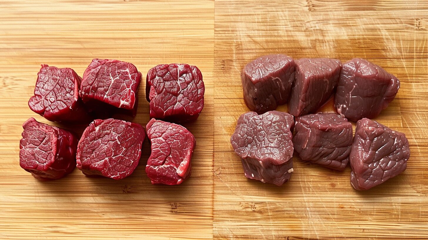 A side-by-side comparison of tenderloin tips and filet mignon on a wooden cutting board.