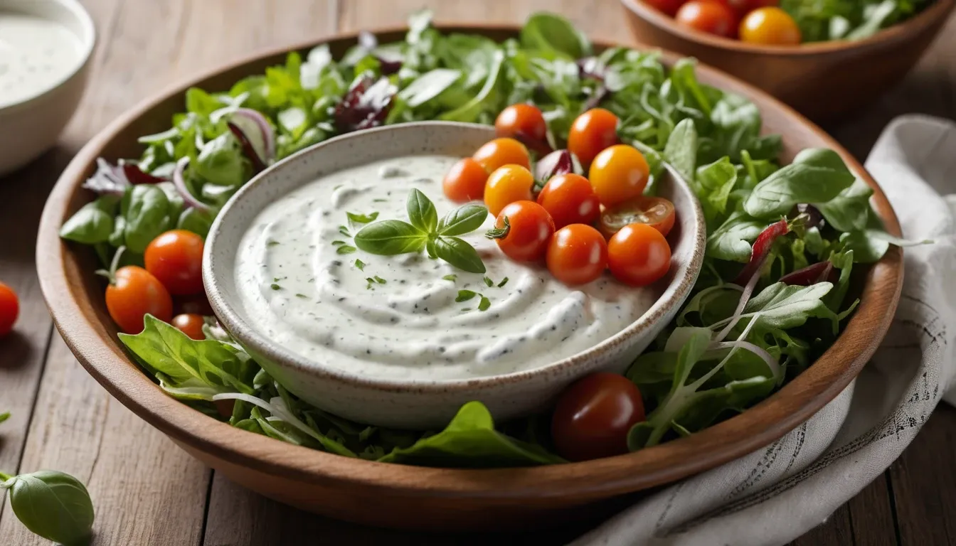 A bowl of creamy Texas Roadhouse Ranch dressing surrounded by a fresh green salad and vegetables.