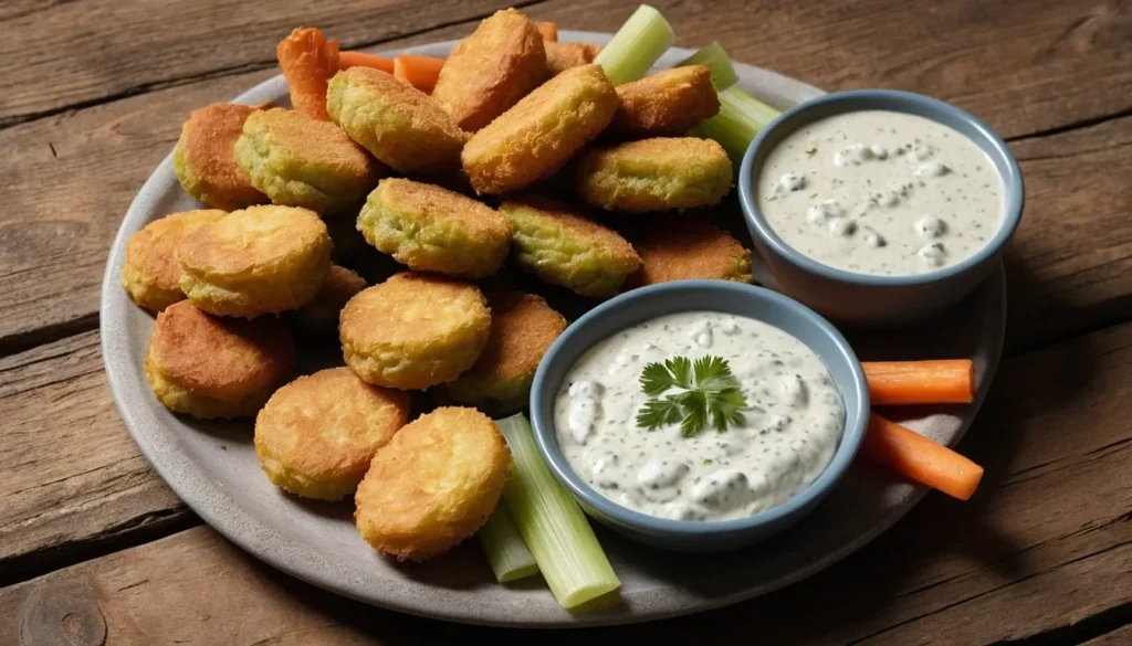 Texas Roadhouse Ranch served with fried appetizers, bread rolls, and a side of fresh vegetables.