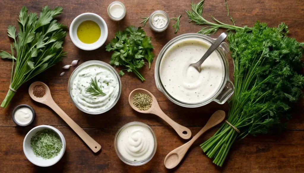 A flat lay of fresh ranch dressing ingredients, including buttermilk, mayonnaise, herbs, garlic, and spices.