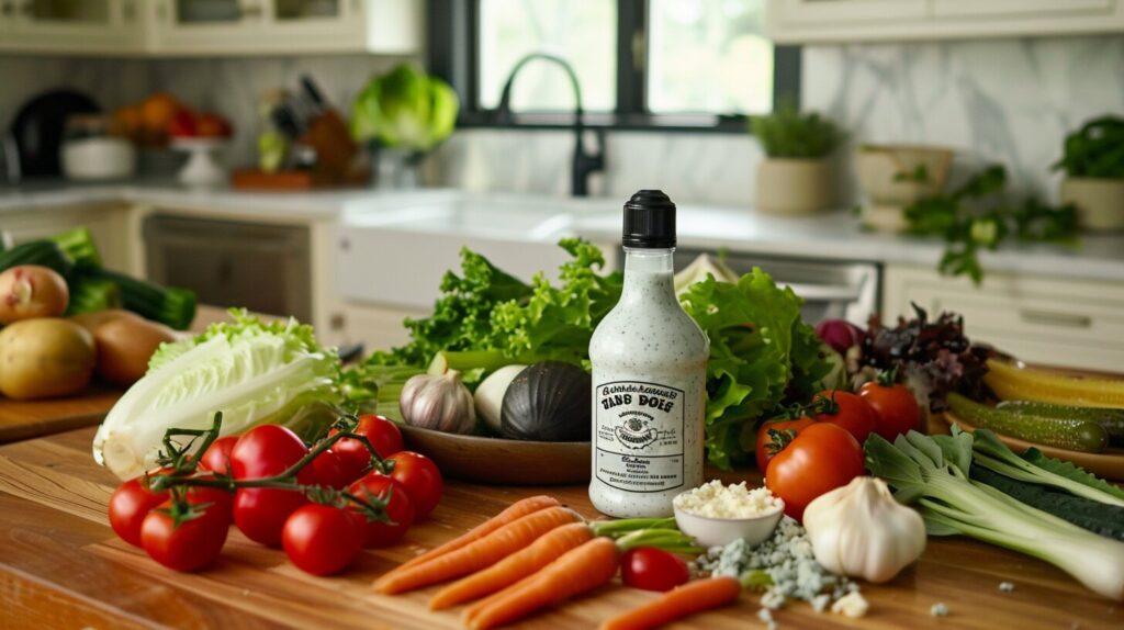 A bottle of Trader Joe's Blue Cheese Dressing placed on a kitchen counter, next to fresh vegetables.