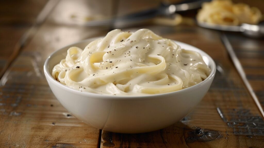 A bowl of creamy Alfredo sauce with fettuccine pasta.