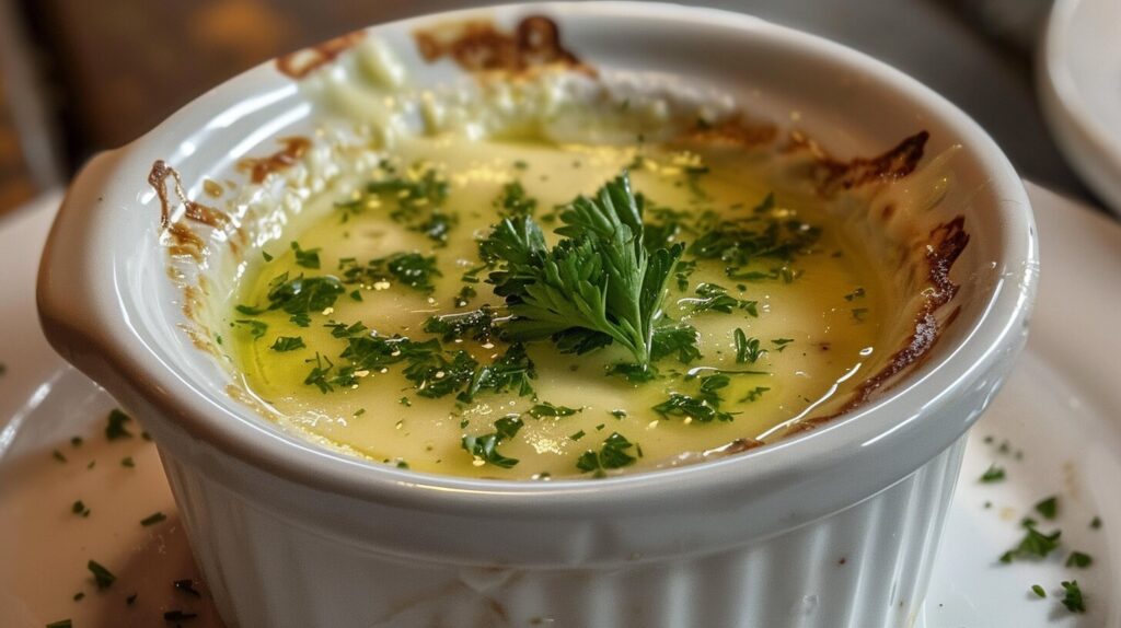 Drawn butter in a ramekin with herbs.