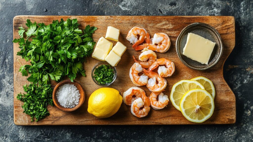 Key ingredients for shrimp scampi: fresh shrimp, garlic cloves, butter, parsley, and lemon.