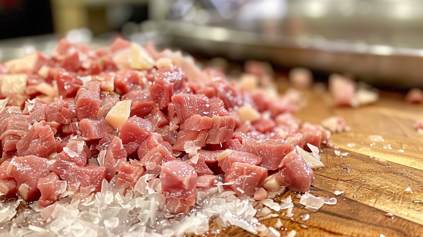 Beef trimmings with fat and small meat pieces on a butcher's table.