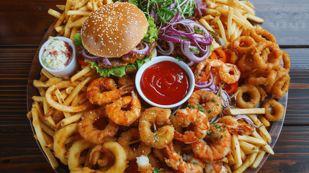 A vibrant platter featuring French fries, onion rings, a burger, a salad, and fried shrimp with a bowl of ketchup and mayo dressing in the center.