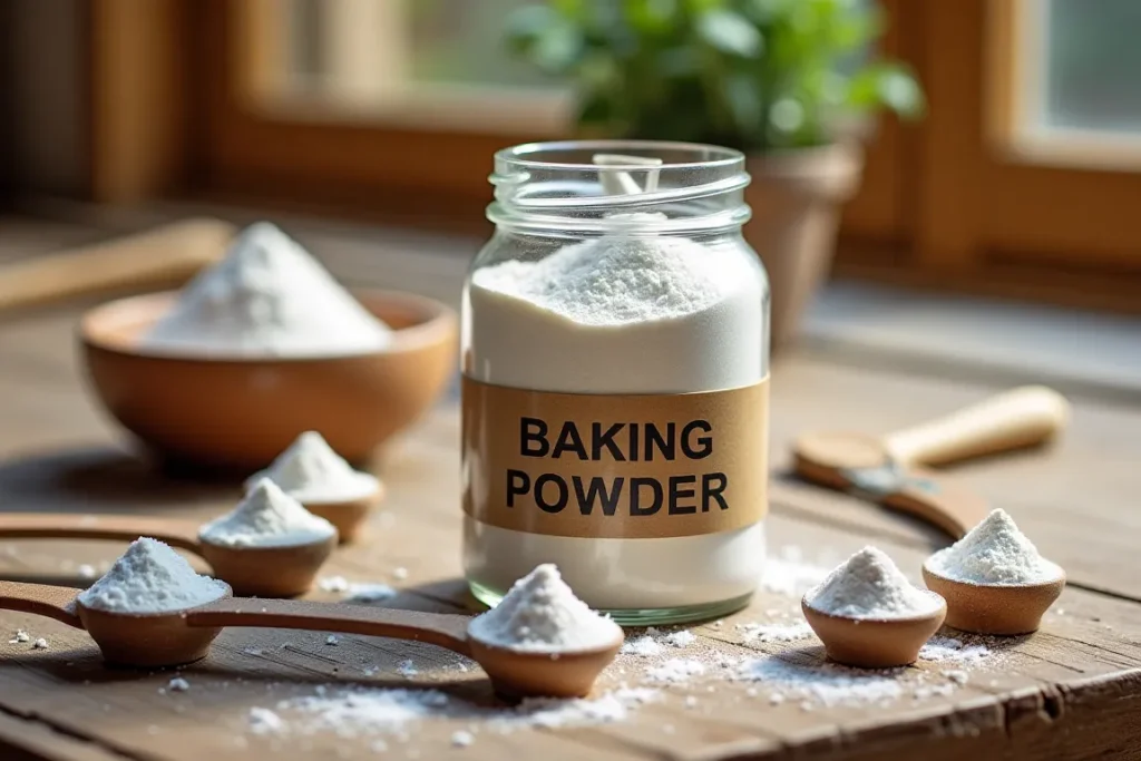 Various baking soda substitutes arranged on a kitchen countertop.