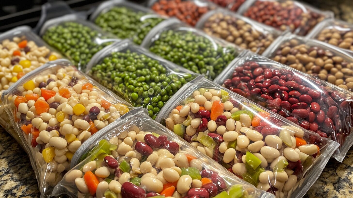 Vacuum-sealed bags with bean salad for long-term storage.