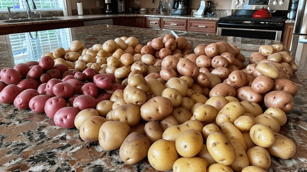 Various types of potatoes displayed on a kitchen counter