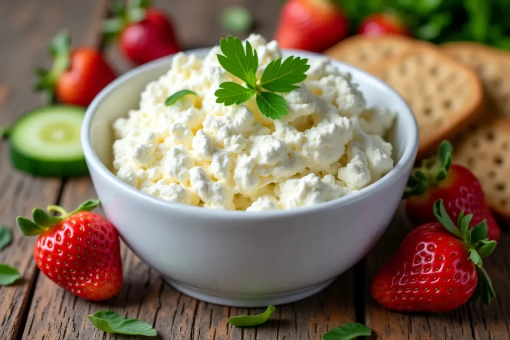 A bowl of cottage cheese surrounded by fresh fruits, vegetables, and whole-grain crackers.