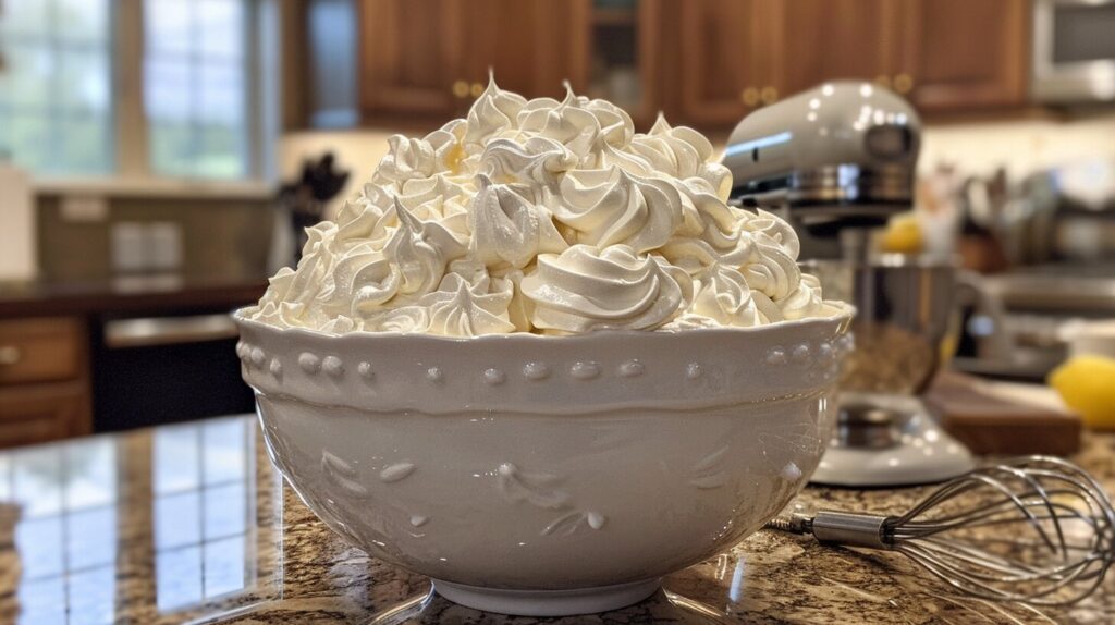 A bowl of whipped egg whites forming stiff peaks, placed on a kitchen counter with a whisk beside it.