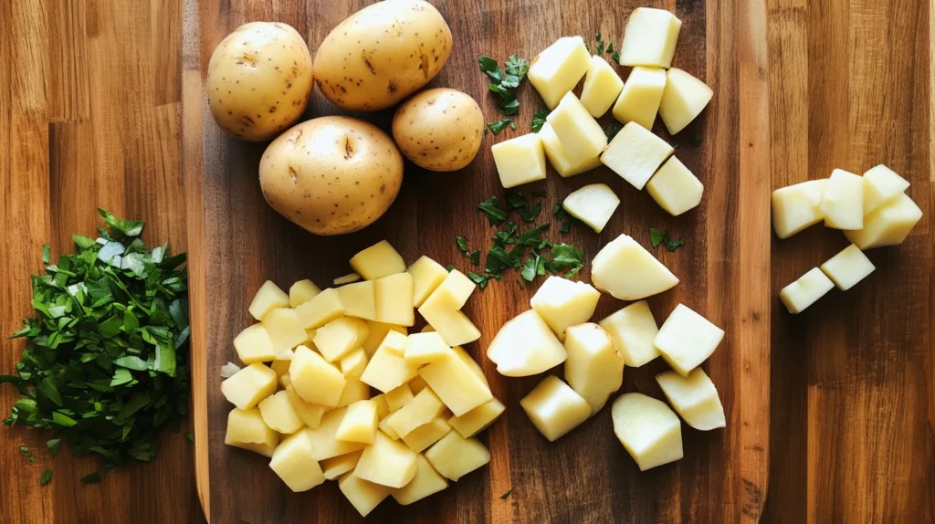 Whole and cut-up potatoes displayed side by side